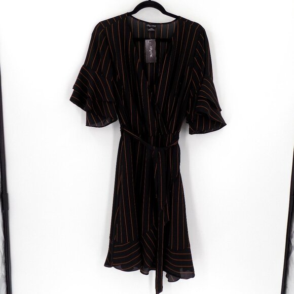City Chic Golden Stripe Wrap Front Dress Size 16 Black & Brown - Picture 1 of 10